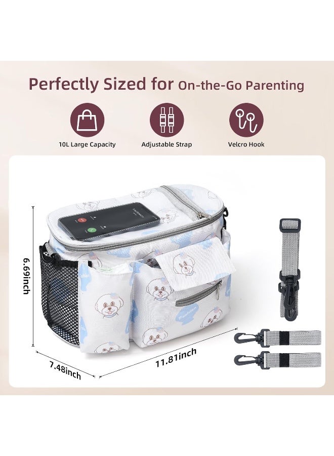 منظم عربة أطفال عالمي مع حامل أكواب، حقيبة حفاضات صغيرة مع جراب مقاوم للماء للهاتف وحزام قابل للتعديل، محفظة حفاضات لعربة الأطفال، منظم حفاضات صغير للأمهات، يناسب معظم عربات الأطفال - Image 4