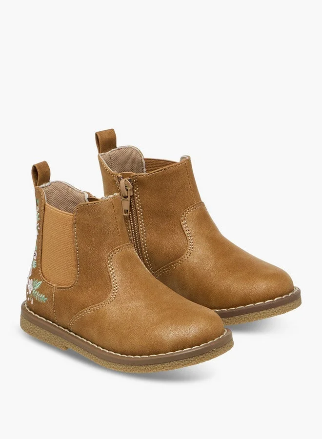 JUNIORS Embroidered Ankle Boots with Zip Closure