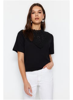 Black Embroidered High Collar Basic Pattern Cotton Knitted Blouse TWOSS23BZ00879