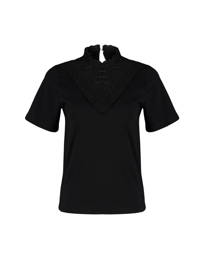 trendyol - Black Embroidered High Collar Basic Pattern Cotton Knitted Blouse TWOSS23BZ00879 - Image 1