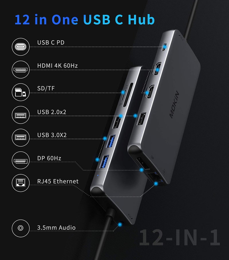 Mokin USB C Docking Station Dual Monitor,MOKiN Triple Display USB C Hub with 2 HDMI, DisplayPort, 100W PD, 4*USB,Gigabit Ethernet,SD/TF,Audio Port,USB C Hub Multiport Adapter for HP/Dell/Lenovo/Surface - Image 2