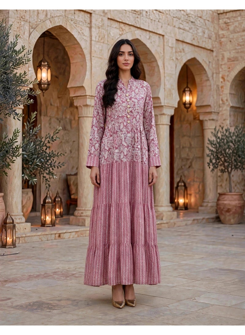IKKXA Mandala Pattern Tiered Maxi Jalabiya IK219Peach - Image 1