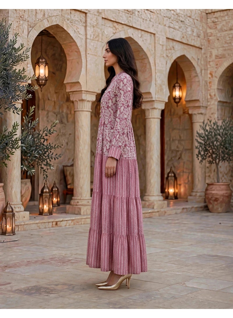 IKKXA Mandala Pattern Tiered Maxi Jalabiya IK219Peach - Image 4