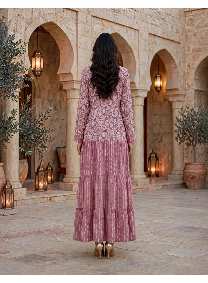 IKKXA Mandala Pattern Tiered Maxi Jalabiya IK219Peach - Image 5