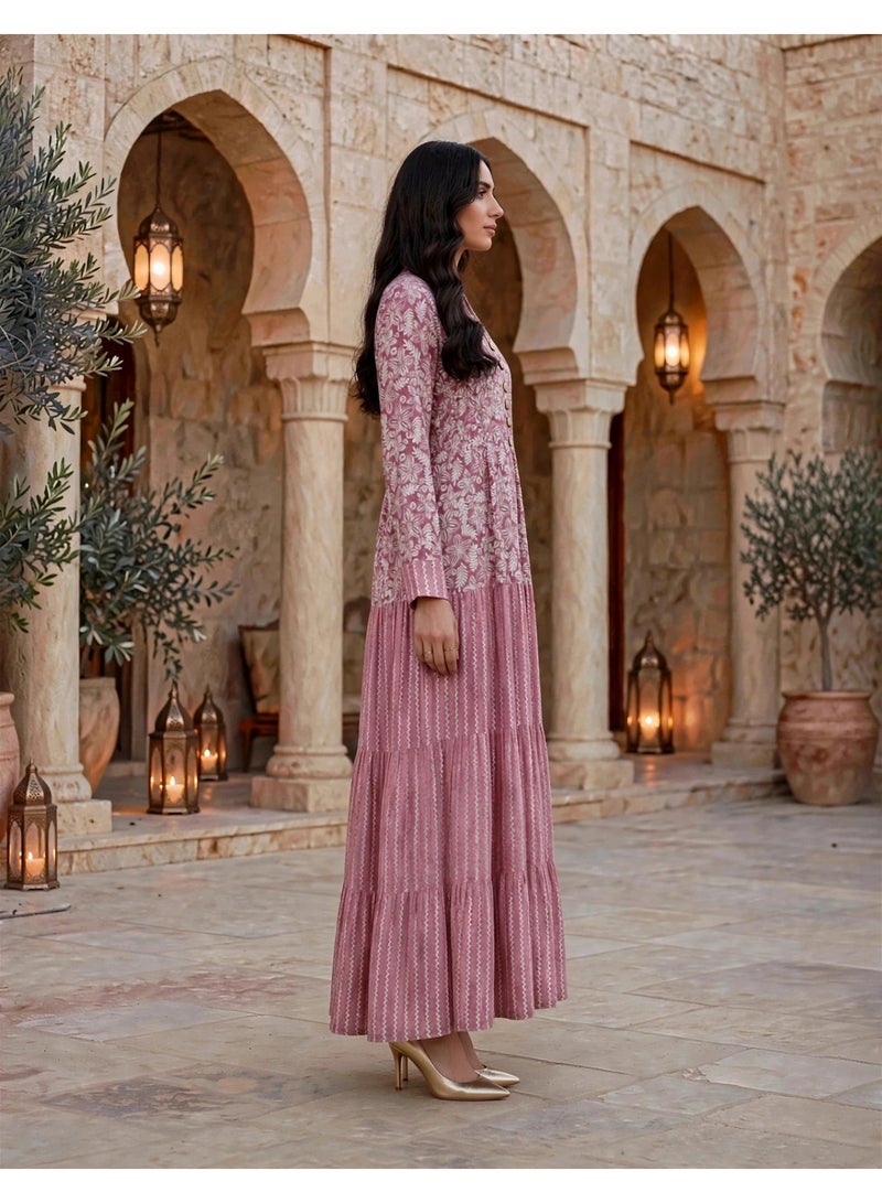 IKKXA Mandala Pattern Tiered Maxi Jalabiya IK219Peach - Image 3