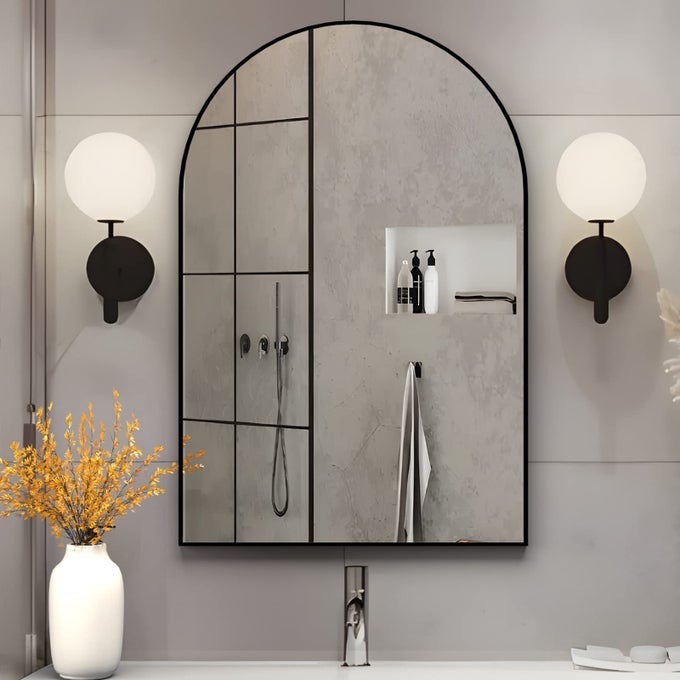 ARCHED WALL MIRROR FOR BATHROOM 20X30 ARCHED MIRROR WALL MOUNTED MIRROR WITH METAL FRAME BLACK VANITY MIRROR DECOR FOR MANTLE BEDROOM ENTRYWAY LIVING ROOM