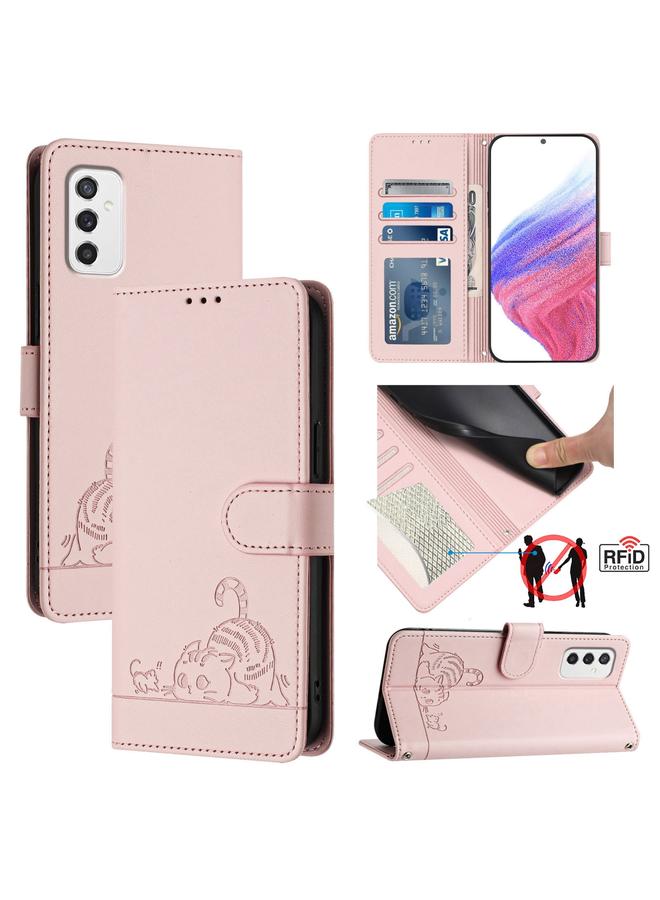 S-TOP Case For Samsung Galaxy M52 5G Cat Rat Embossed Pattern RFID Leather Phone Case with Lanyard - Image 1