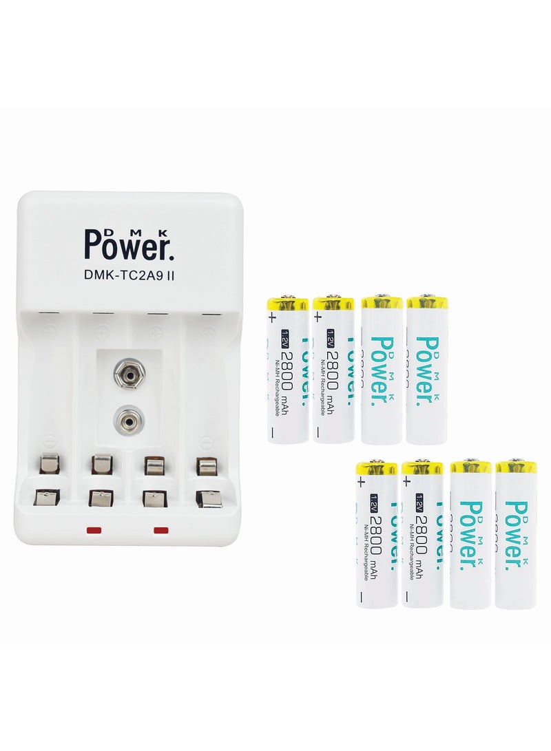 DMK Power 8pcs AA 2800mAh 1.2v NIMH Rechargeable Batteries with TC2A9 II Battery Charger Portable Power Solution for AA AAA 9V Rechargeable Batteries Anytime Anywhere…… - Image 1