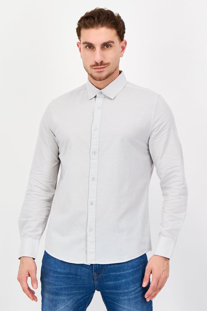 Nautica Jeans Men Regular Fit Solid Long Sleeve Casual Shirt, Pale Grey - Image 1