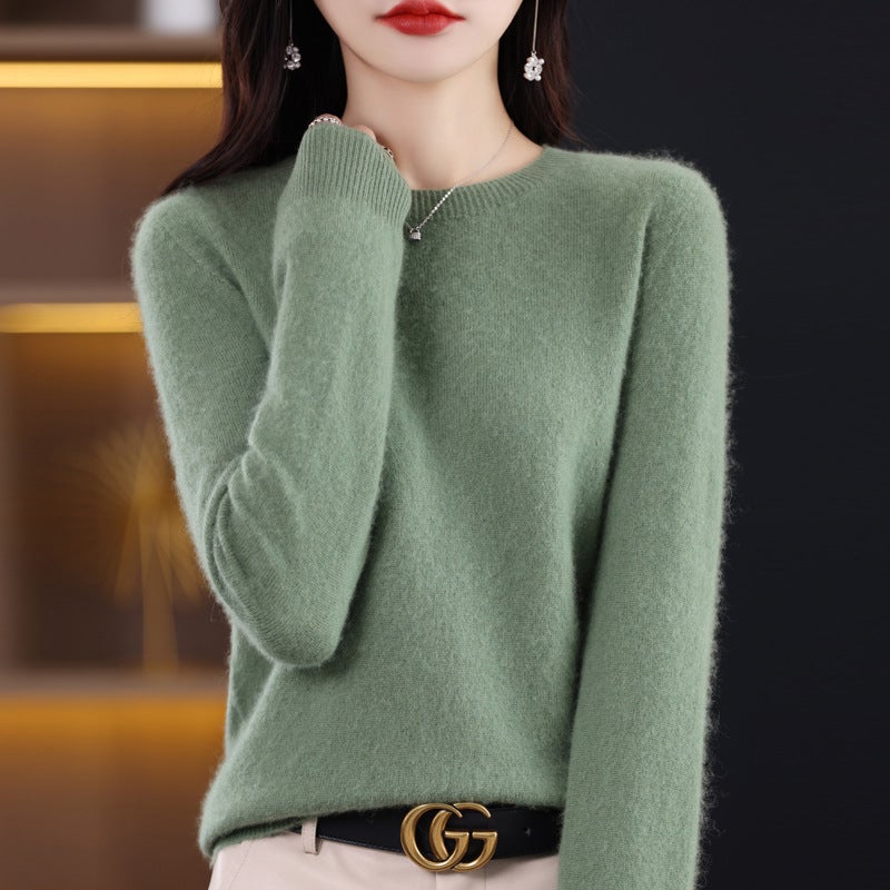 Woolen sweater womens solid color round neck 23 new long sleeve seamless knitted first-line garment wool sweater undershirt Turquoise Green