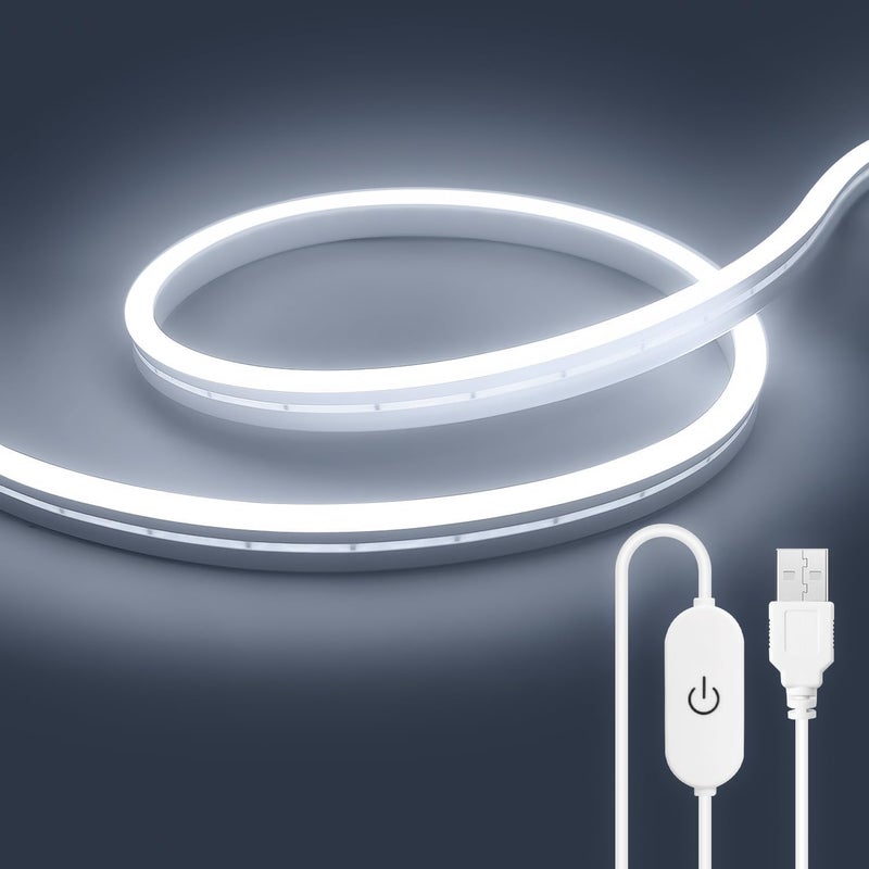 أضواء شريط LED نيون قابلة للمس عبر USB، أبيض 6500K، 5 فولت 6.56 قدم/2 متر 240 LED، إضاءة حبل نيون LED عالية السطوع، مقاومة للماء وقابلة للتعتيم، لتزيين المطبخ والغرفة والتلفزيون (أبيض) - Image 1