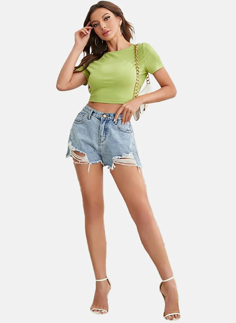 يونيكي Green Solid Slim Fit Short Sleeve Top