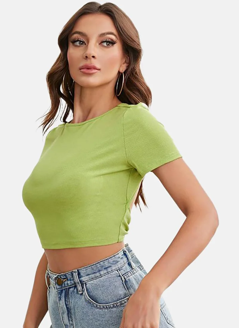 يونيكي Green Solid Slim Fit Short Sleeve Top