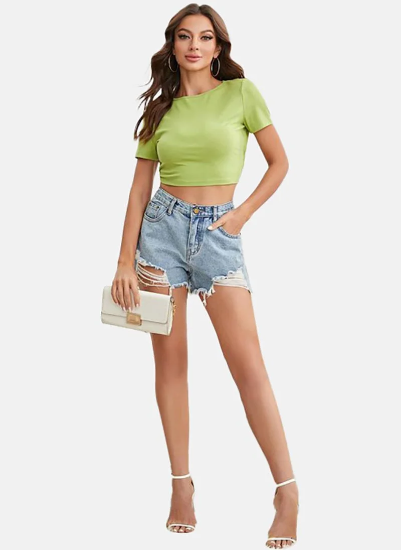 يونيكي Green Solid Slim Fit Short Sleeve Top