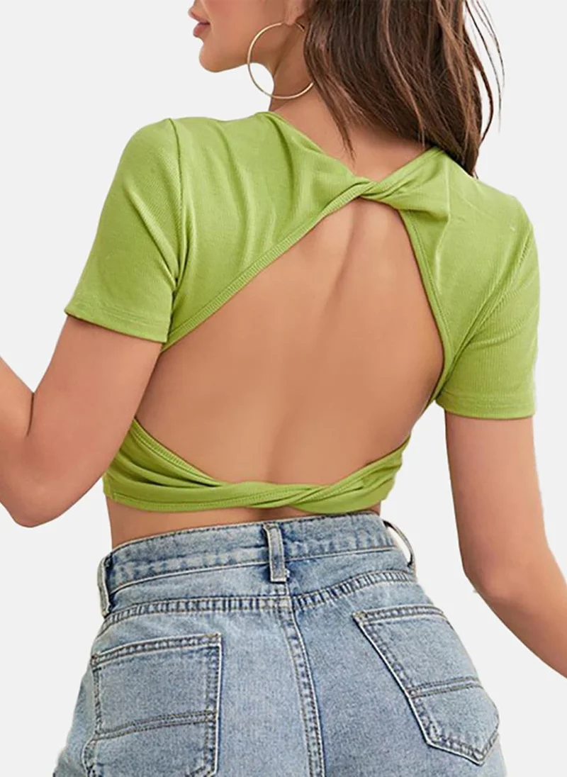 يونيكي Green Solid Slim Fit Short Sleeve Top