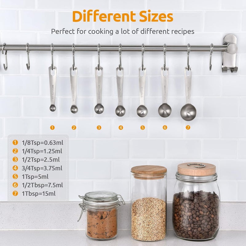 U-Taste Metal Measuring Spoon Set - Sturdy 18/8 Stainless Steel TSP&TBSP Measuring Ground Scoops with D ring for Coffee, Tea, Espresso, Spice Powder, Protein Powder (Set of 7) - Image 2