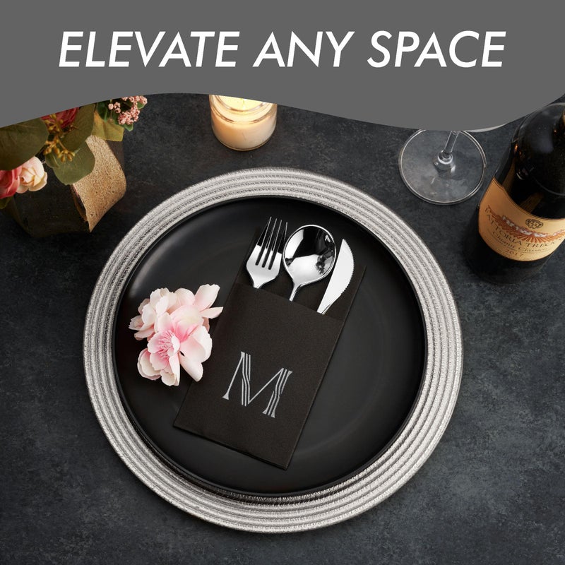 BloominGoods 50-عبوة من المناديل المطرزة باللون الأسود مع جيب للأدوات الفضية 16"" x 16"" مناديل ذات إحساس الكتان مع حرف فضي X مناديل يمكن التخلص منها مناديل جيب للأدوات الفضية لحفلات الزفاف أو الحفلات أو حفلات استقبال المواليد - Image 2