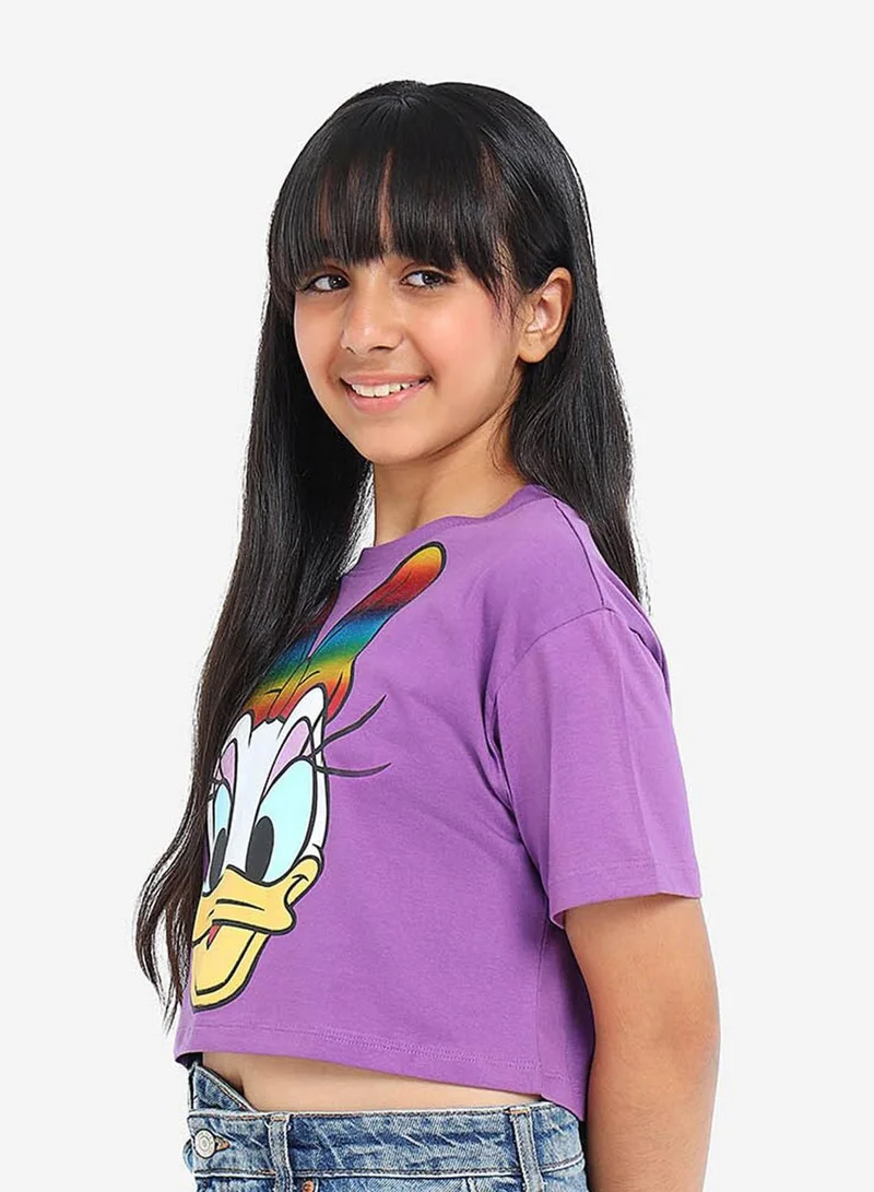 Bonkids Regular Fit Printed Lavender Cotton T-Shirt For Girls Round Neck Flat Collar Pull On 100 % Cotton