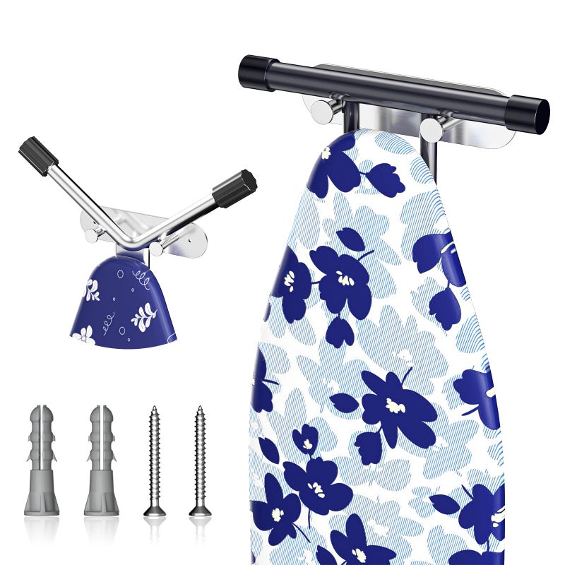 LOXSUN Ironing Board Holder Wall Mount,Ironing Board Hanger with Removable Hooks, Laundry Rooms Stainless Steel Ironing Boards Hook for Wall for Y or T Leg (Silver) - Image 2