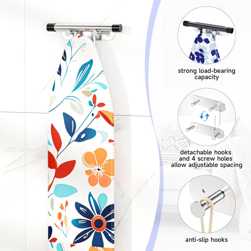 LOXSUN Ironing Board Holder Wall Mount,Ironing Board Hanger with Removable Hooks, Laundry Rooms Stainless Steel Ironing Boards Hook for Wall for Y or T Leg (Silver) - Image 5