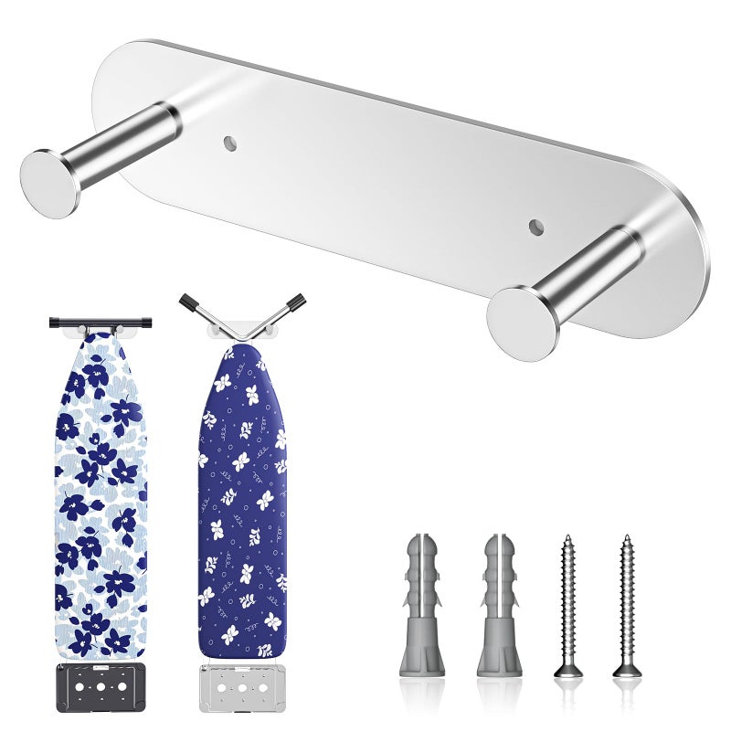LOXSUN Ironing Board Holder Wall Mount,Ironing Board Hanger with Removable Hooks, Laundry Rooms Stainless Steel Ironing Boards Hook for Wall for Y or T Leg (Silver) - Image 1