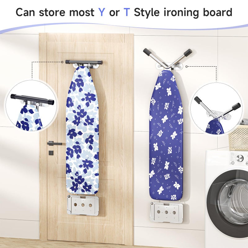 LOXSUN Ironing Board Holder Wall Mount,Ironing Board Hanger with Removable Hooks, Laundry Rooms Stainless Steel Ironing Boards Hook for Wall for Y or T Leg (Silver) - Image 4