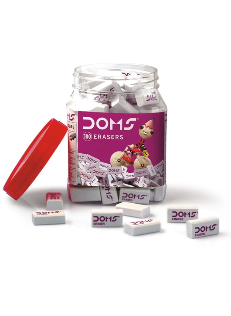 DOMS ممحاة خالية من الغبار 100 قطعة بيضاء في جرة بلاستيكية