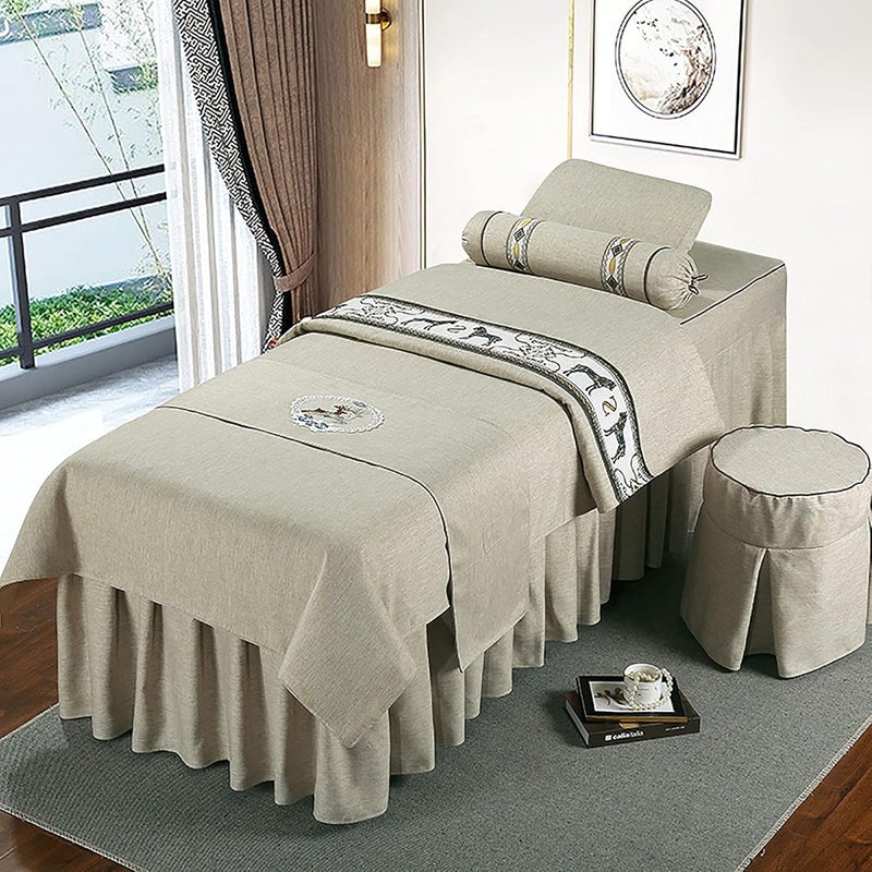 KKLT 4-Piece Massage Table Sheet Set,Massage Table Skirt Salon Bed Cover Breathable for Body Fumigation Physiotherapy Massage-Beige 180x60cm(71x24inch) - Image 1