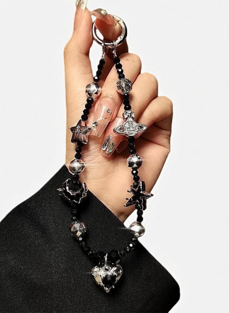 Black Crystal Beaded Phone Chain - Short Wrist Lanyard for Keys, Car Fobs & Handbags - Droplet Crystal Wristlet for Women - Image 1
