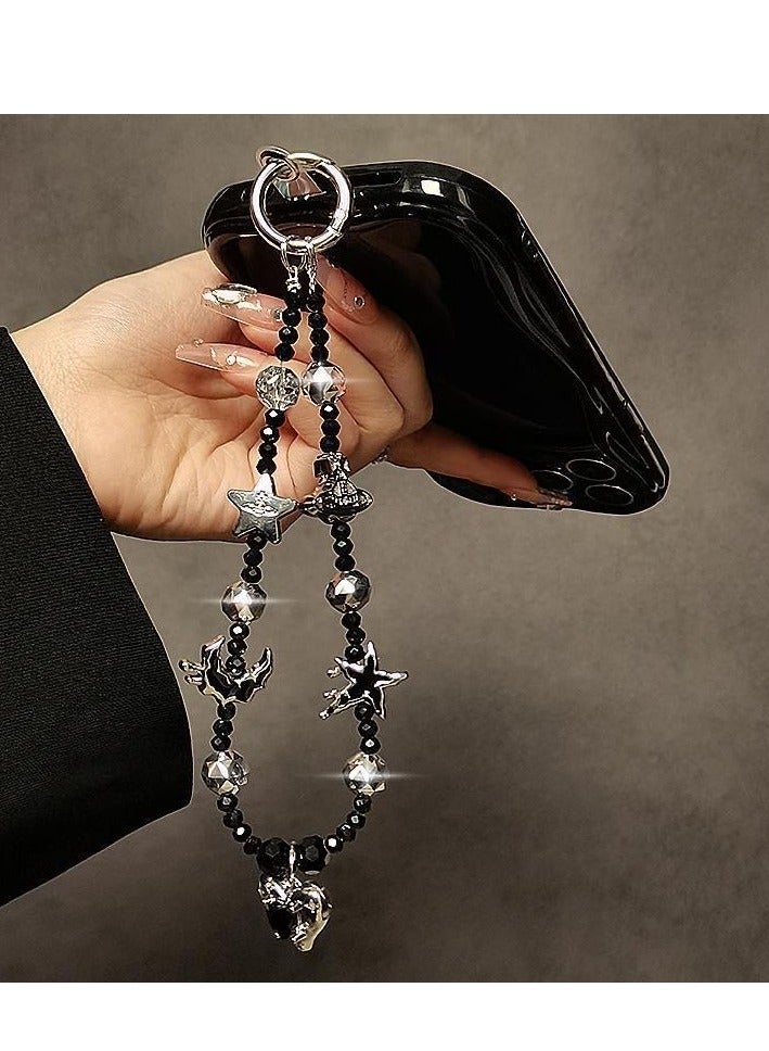 Black Crystal Beaded Phone Chain - Short Wrist Lanyard for Keys, Car Fobs & Handbags - Droplet Crystal Wristlet for Women - Image 2