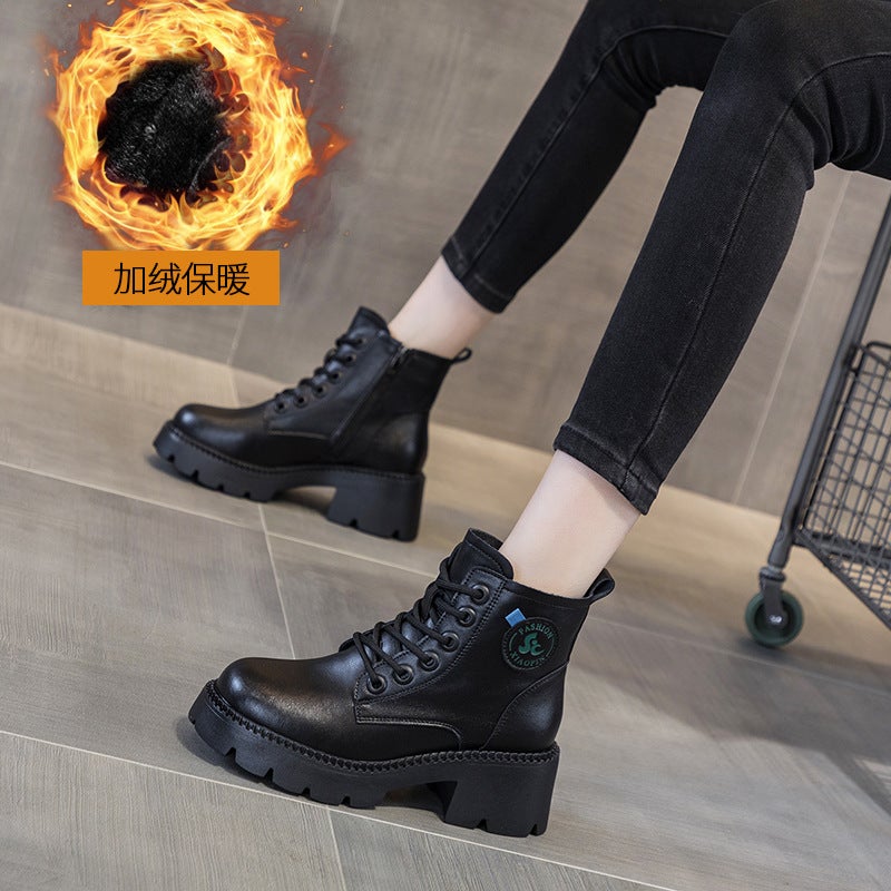 Martin Boots for Women, Fashionable British Style Short Boots, 2026 Autumn and Winter New Fashion Leather Thick-Soled Height-Increasing Retro Boots for Women - Image 1