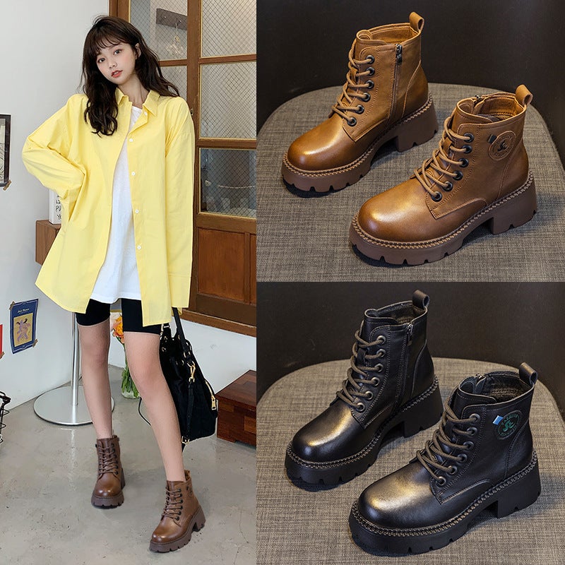 Martin Boots for Women, Fashionable British Style Short Boots, 2026 Autumn and Winter New Fashion Leather Thick-Soled Height-Increasing Retro Boots for Women - Image 3