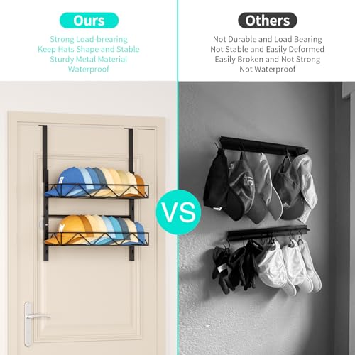 HapiRm Hat Organizer for Baseball Caps - 2 Tier Over the Door & Wall Mounted Hat Rack with 2 Adjustable Metal Basket, Storage Holds up to 20 Caps for Door, Bedroom, Closet (Black) - Image 4