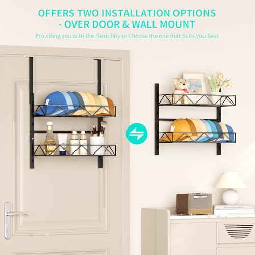 HapiRm Hat Organizer for Baseball Caps - 2 Tier Over the Door & Wall Mounted Hat Rack with 2 Adjustable Metal Basket, Storage Holds up to 20 Caps for Door, Bedroom, Closet (Black) - Image 5
