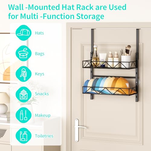 HapiRm Hat Organizer for Baseball Caps - 2 Tier Over the Door & Wall Mounted Hat Rack with 2 Adjustable Metal Basket, Storage Holds up to 20 Caps for Door, Bedroom, Closet (Black) - Image 3