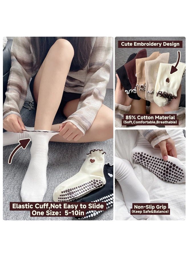 DZSoCoki Grip Socks Pilates,6Pairs Cotton Cute Pilates Socks for Women, Ruffle Grippy Sock for Yoga Barre Hospital 5-10in, 6pairsheart-black+white+khaki+beige+ Dark Brown+ Coffee, One size - Image 3
