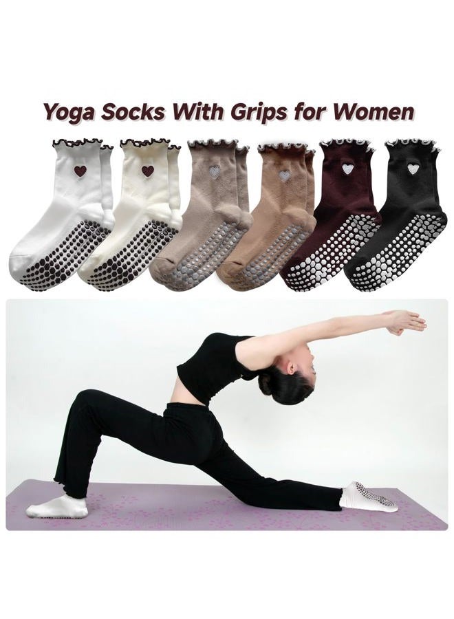 DZSoCoki Grip Socks Pilates,6Pairs Cotton Cute Pilates Socks for Women, Ruffle Grippy Sock for Yoga Barre Hospital 5-10in, 6pairsheart-black+white+khaki+beige+ Dark Brown+ Coffee, One size - Image 5