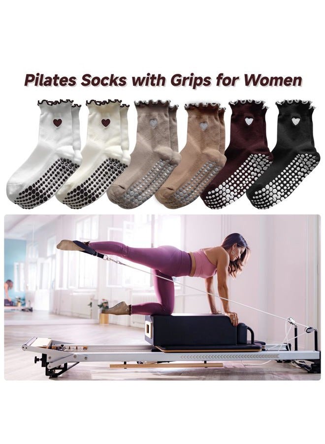 DZSoCoki Grip Socks Pilates,6Pairs Cotton Cute Pilates Socks for Women, Ruffle Grippy Sock for Yoga Barre Hospital 5-10in, 6pairsheart-black+white+khaki+beige+ Dark Brown+ Coffee, One size - Image 4