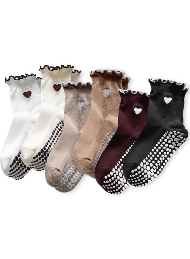 DZSoCoki Grip Socks Pilates,6Pairs Cotton Cute Pilates Socks for Women, Ruffle Grippy Sock for Yoga Barre Hospital 5-10in, 6pairsheart-black+white+khaki+beige+ Dark Brown+ Coffee, One size - Image 1