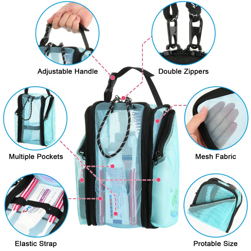 Cosmos Mesh Shower Caddy Toiletry Organizer Hanging Shower Tote Bag  Quick Dry Shower Organizer Portable Bath Bag with Durable Zippers & Side Pockets for Travel Gym Swimming Beach & Camp (Aqua Blue) - Image 3