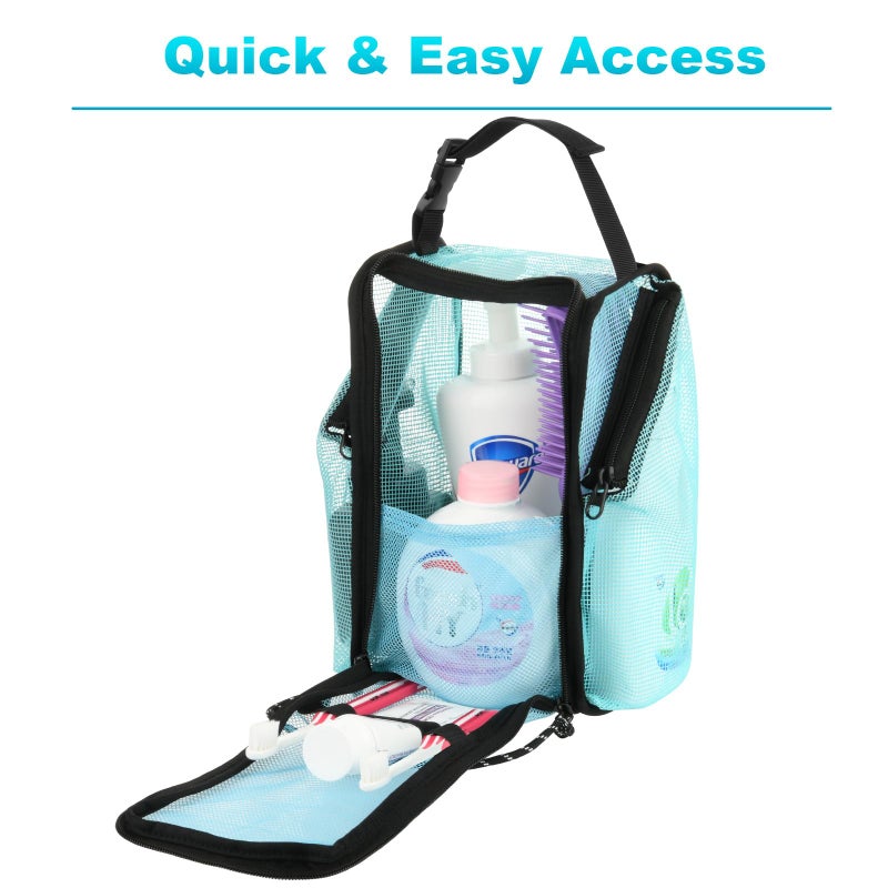 Cosmos Mesh Shower Caddy Toiletry Organizer Hanging Shower Tote Bag  Quick Dry Shower Organizer Portable Bath Bag with Durable Zippers & Side Pockets for Travel Gym Swimming Beach & Camp (Aqua Blue) - Image 2