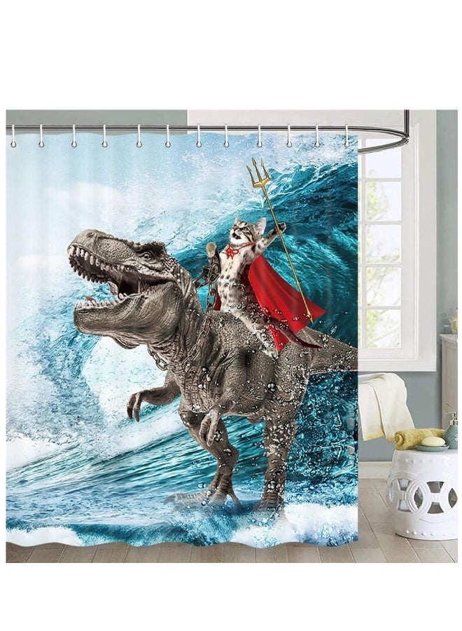 Funny Cat Shower Curtain Boys Kids Bathroom Decor, Cool Cat Riding Dinosaur Ocean Shower Curtain, Fun Nautical Kids Shower Curtain Campers Shower Curtain Camping Bathroom Set with Hooks(72X84inch)  - Image 1