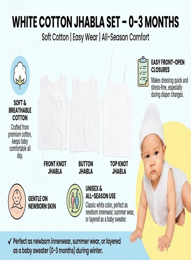 Velbk Newborn Baby Cotton White Jhabla 0-3 Months | Button, Front Knot & Top Knot Jhablas | Soft Infant Front Open Jhabla for Just Born Baby | Pack of 6 - Image 5