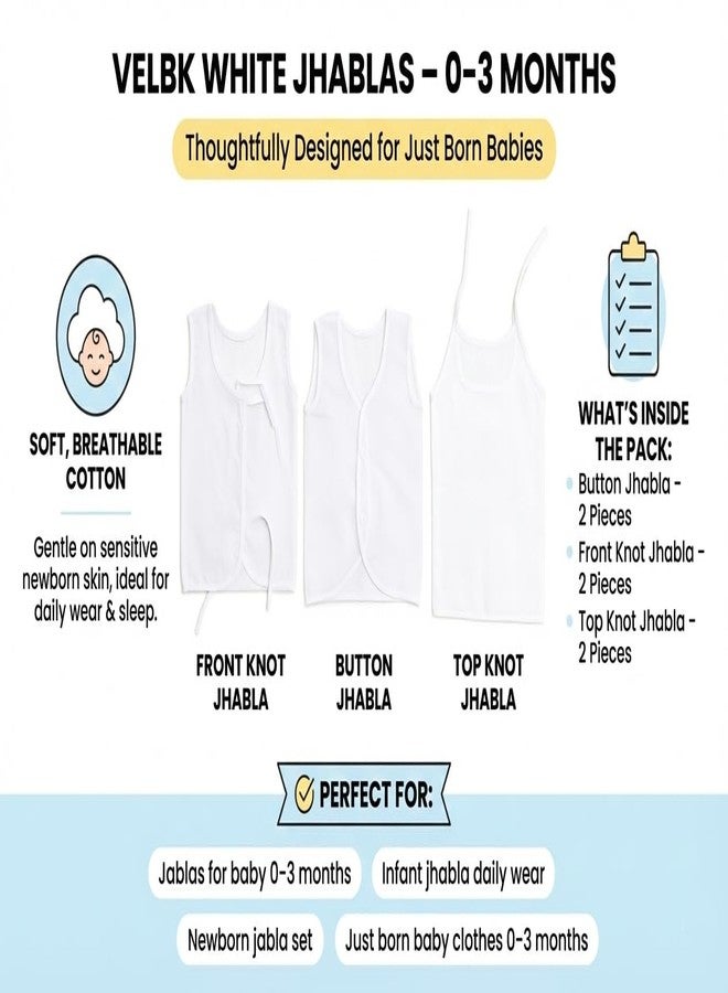 Velbk Newborn Baby Cotton White Jhabla 0-3 Months | Button, Front Knot & Top Knot Jhablas | Soft Infant Front Open Jhabla for Just Born Baby | Pack of 6 - Image 4