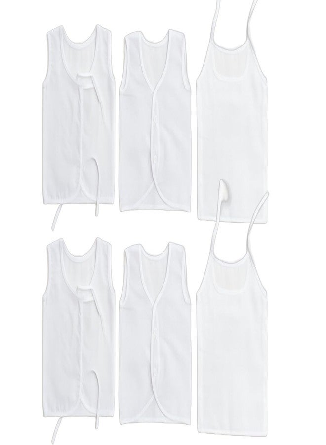 Velbk Newborn Baby Cotton White Jhabla 0-3 Months | Button, Front Knot & Top Knot Jhablas | Soft Infant Front Open Jhabla for Just Born Baby | Pack of 6 - Image 1