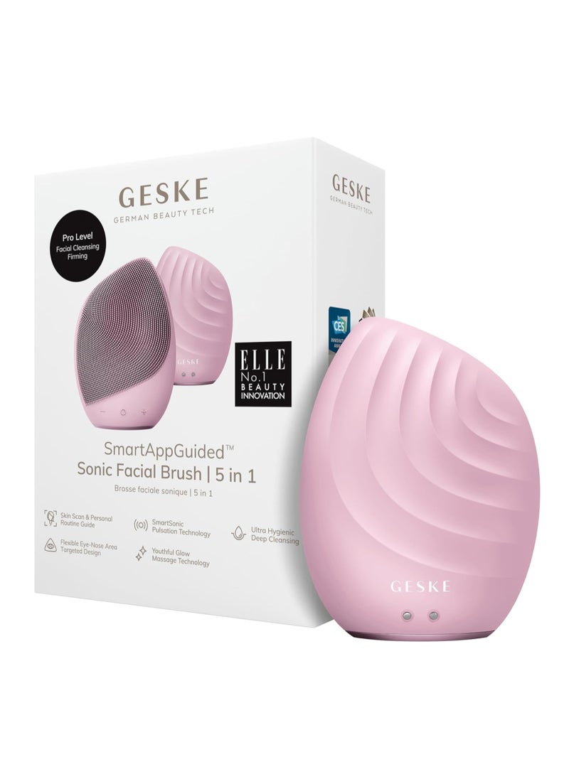 GESKE Smart App Guided Sonic Facial Brush 5 In 1 | Vibrating Electric Facial Cleansing Brush | Soft Silicone Brush | Professional Facial Cleanser | Skin Cleanser & Exfoliator | Face Massager - Pink  - Image 1