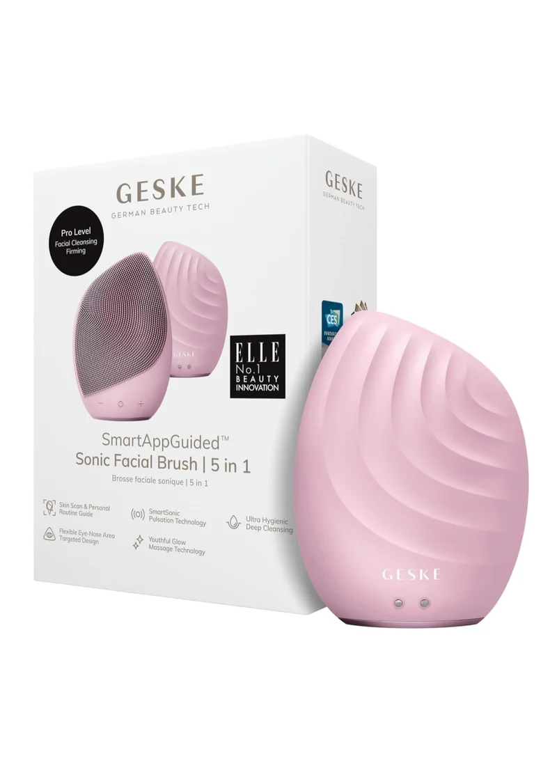 GESKE Smart App Guided Sonic Facial Brush 5 In 1 | Vibrating Electric Facial Cleansing Brush | Soft Silicone Brush | Professional Facial Cleanser | Skin Cleanser & Exfoliator | Face Massager - Pink