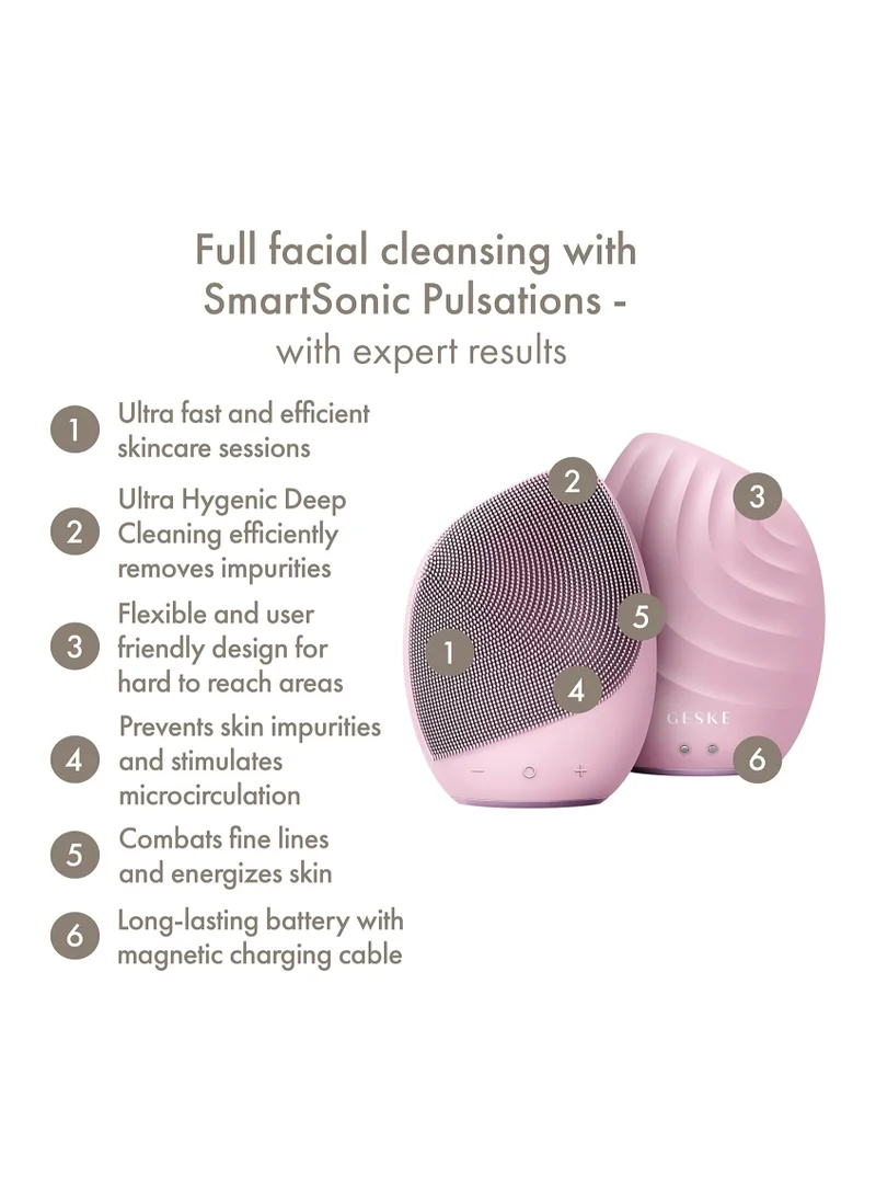 GESKE Smart App Guided Sonic Facial Brush 5 In 1 | Vibrating Electric Facial Cleansing Brush | Soft Silicone Brush | Professional Facial Cleanser | Skin Cleanser & Exfoliator | Face Massager - Pink