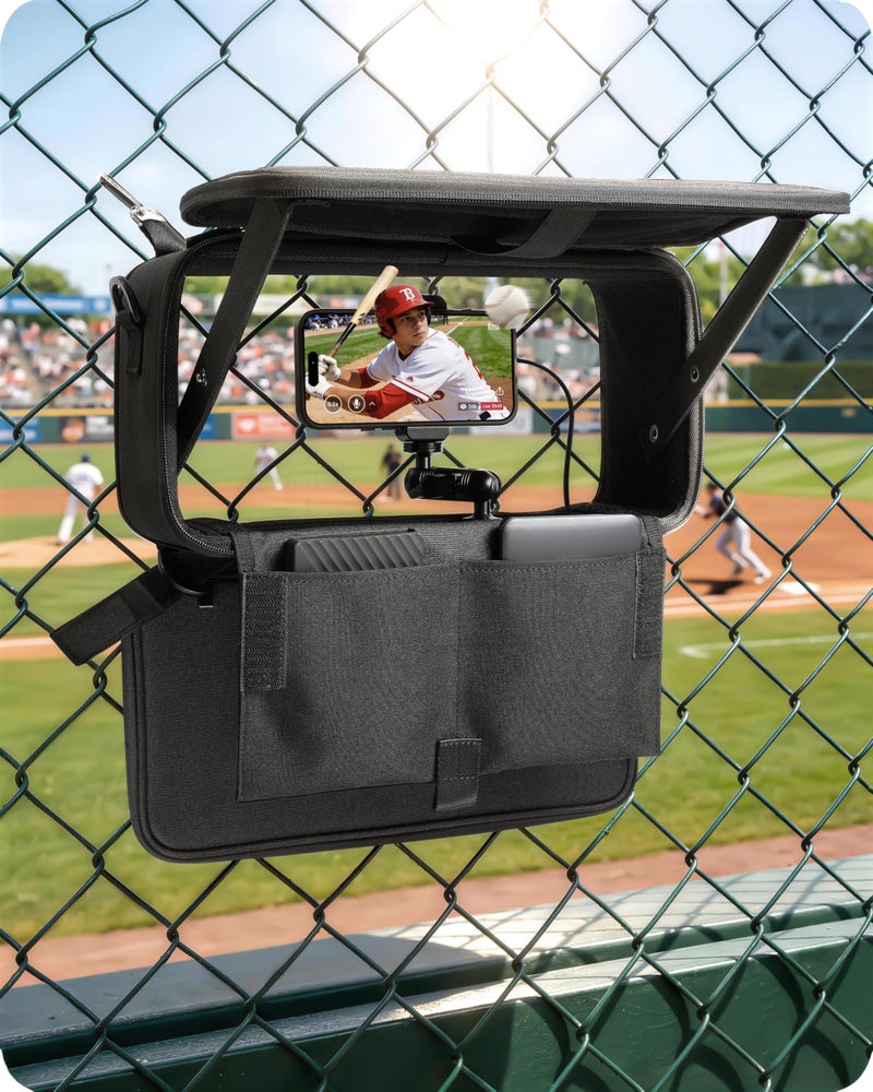 Stouchi Game Changer Mounting Kit, All-in-One Soft Fabric Fence Mount Bag with Anti-Glare Shade & Storage, Portable Fence Mount for Baseball Softball Tennis, Compatible with iPhone/GoPro/Mevo Start - Image 1