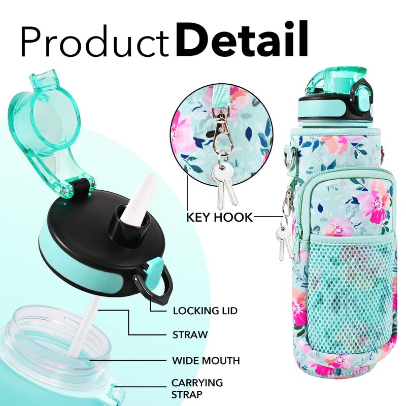 Newfad 32 oz Water Bottles with Straw & Strap, Motivational with Times to Drink, BPA Free Reusable Sports Water Bottle with Sleeve for Hiking, Travel, Running or Fitness (Spring Bouquet) - Image 4